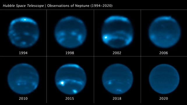 Zmiany w zachmurzeniu Neptuna zarejestrowane przez Hubble'a w latach 1992-2020