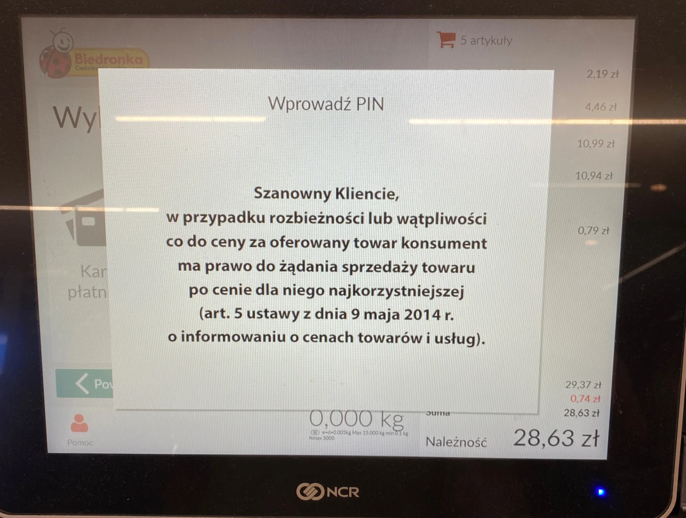 Komunikat, który wyświetla się na kasie samoobsługowej w Biedronce.
