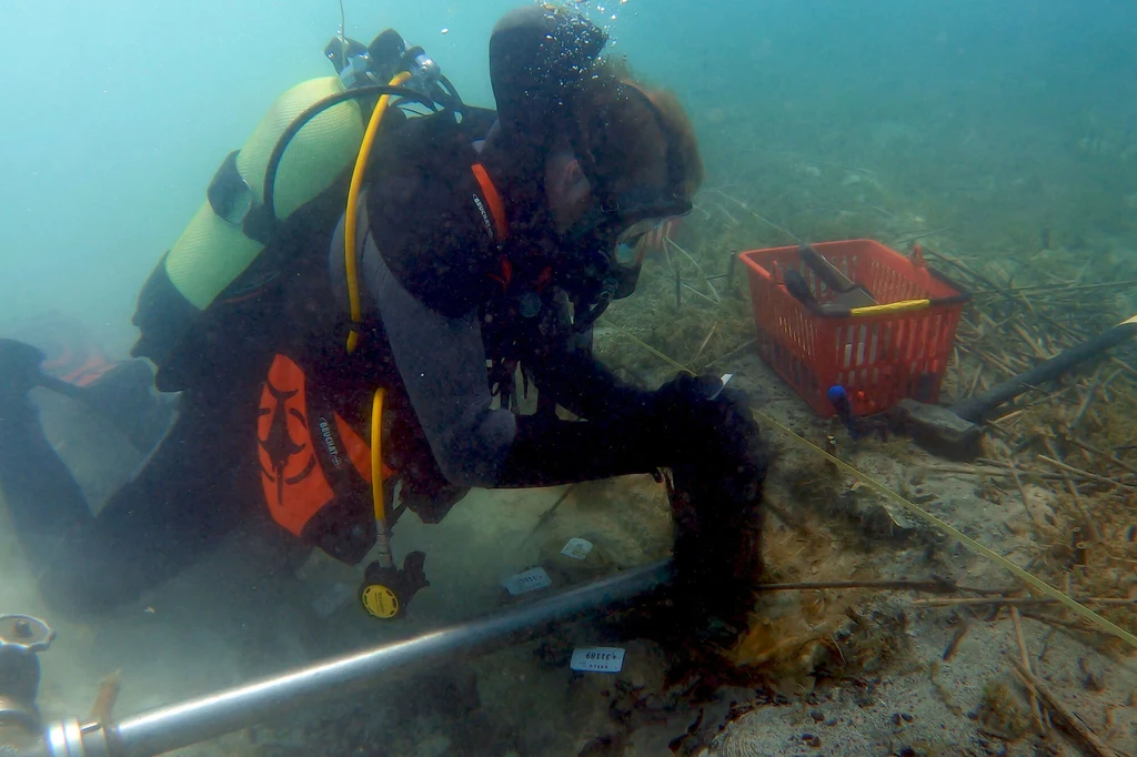 Zdjęcie z Albańskiego Instytutu Archeologii przedstawia nurka poszukującego materiałów archeologicznych w Jeziorze Ochrydzkim w południowo-wschodniej Albanii