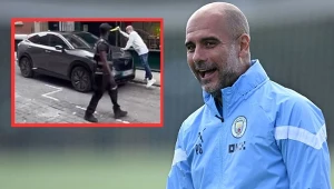 Pep Guardiola i policjant po wręczeniu mandatu