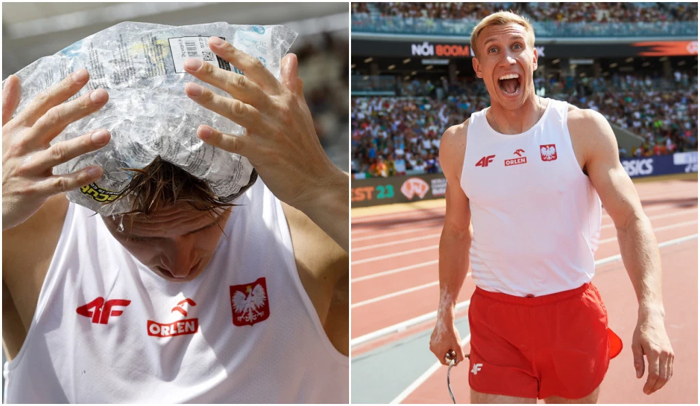 Robert Sobera chłodzi się lodem (po lewej stronie) i Piotr Lisek