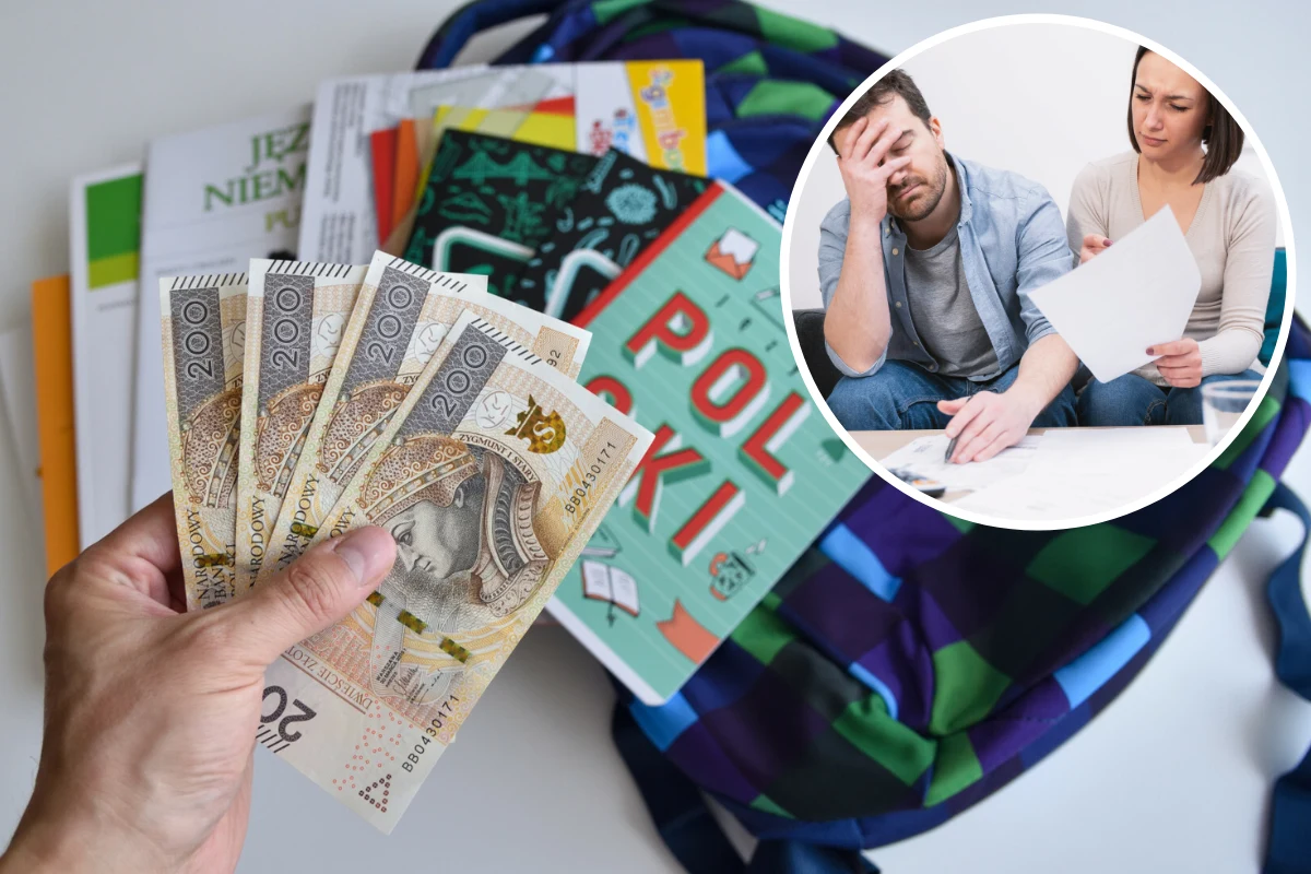 Ile kosztuje wyprawka do szkoły? Poukładane podręczniki i zeszyty szkolne, dłoń z plikiem banknotów, obok para z dokumentami finansowymi.