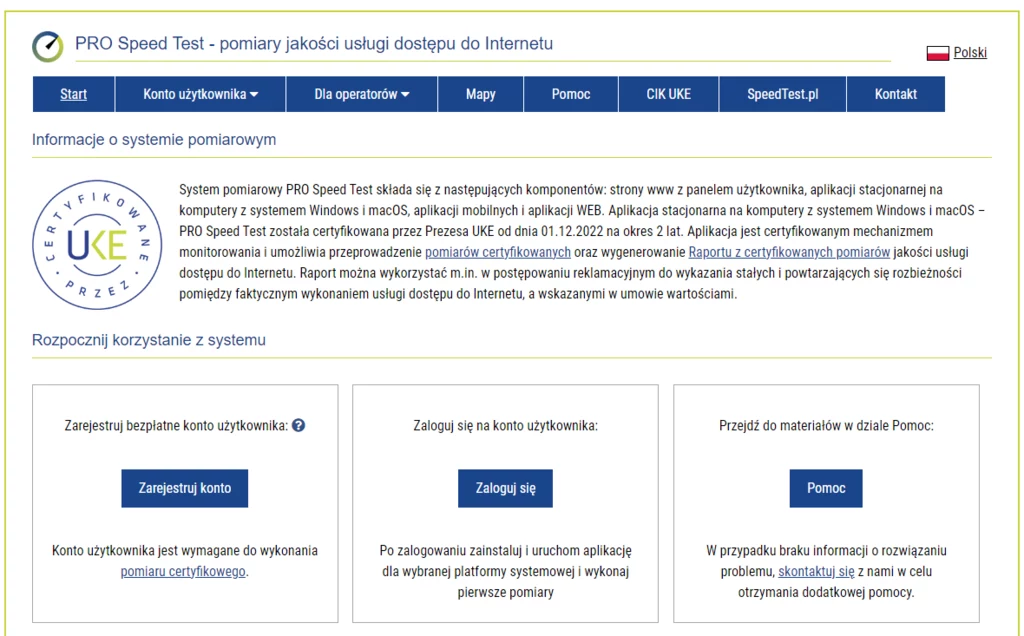 Strona startowa PRO Speed Test - rejestracja to pierwszy kafelek tuż pod informacją o certyfikacji.