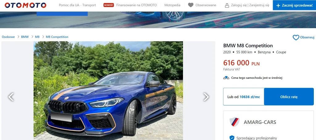 Auto Sylwii Peretti na sprzedaż! Źródło: https://www.otomoto.pl/osobowe/oferta/bmw-m8-bmw-m8-manhart-jedyny-taki-egzemplarz-bardzo-dobrze-znany-ID6FJOTI.html