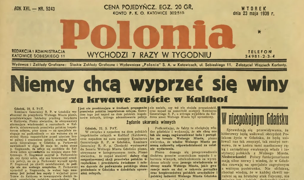 Pierwsza strona wydawanej w Katowicach "Polonii" z 23 maja, opisująca antypolskie zajścia w Gdańsku 