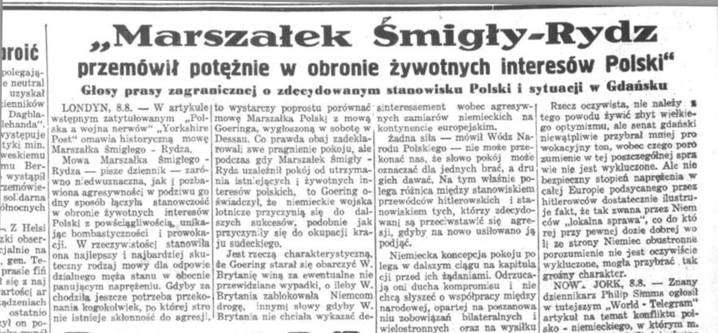 Przemówienie marszałka Rydza-Śmigłego zostało przedstawione jako jedno z najważniejszych stanowisk Polski wobec Rzeszy