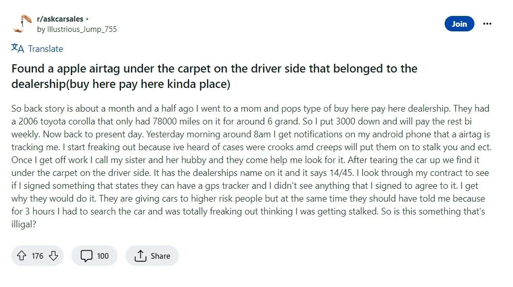 AirTag ukryty pod dywanikiem. Czy to legalne? Fot. reddit.com