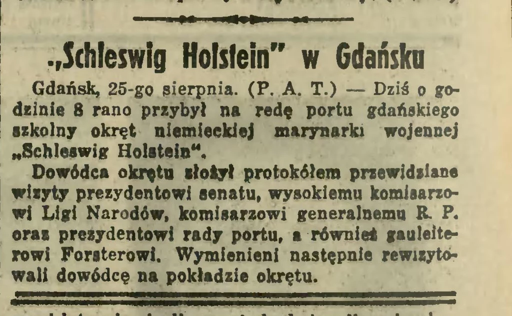 Nota o zacumowaniu pancernika Schleswig-Holstein w porcie gdańskim. Tydzień później jego salwa da oddziałom niemieckim sygnał do ataku na wybrzeżu