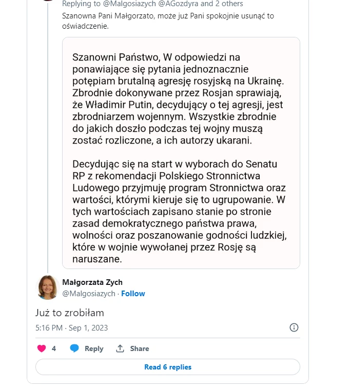 Małgorzata Zych potwierdziła, że usunęła swoje oświadczenie, w którym potępiła rosyjską agresję na Ukrainę Małgorzata Zych potwierdziła, że usunęła swoje oświadczenie, w którym potępiła rosyjską agresję na Ukrainę