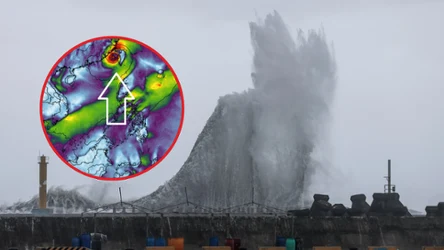 Tajfun Haikui dwukrotnie uderzył w Tajwan. Na zdjęciu: uderzenie fal w wybrzeże w miejscowości Yilan. Haikui (oznaczony strzałką) kieruje się w stronę Chin