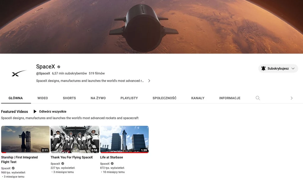 Konto SpaceX w serwisie YouTube