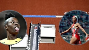 Po lewej Shericka Jackson, a po prawej Florence Griffiths-Joyner