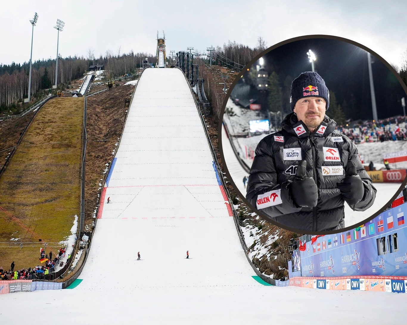 Ostatnie duże zawody na skoczni do lotów w Harrachovie odbyły się w 2014 roku. W ramce Adam Małysz