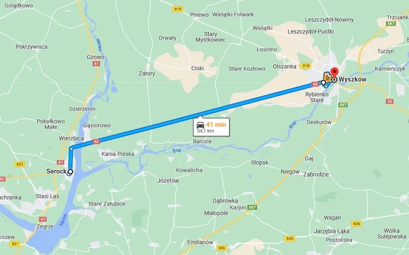 Najdłuższa prosta droga krajowa w Polsce - DK 62 - łączy Serock z Wyszkowem / fot. google