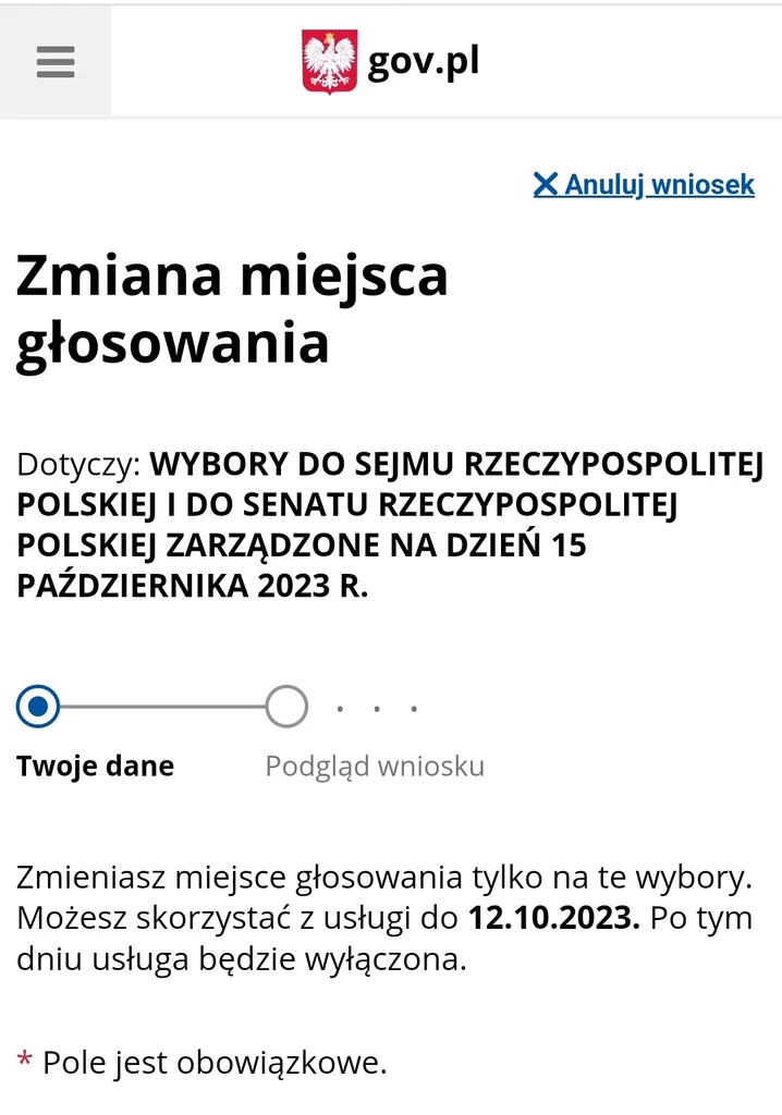 Po zalogowaniu i ewentualnym założeniu skrzynki ePUAP zobaczymy taki ekran. Poniżej znajdziemy uzupełnione dane osobowe i miejsce na wpisanie adresu, pod którym chcemy zagłosować.