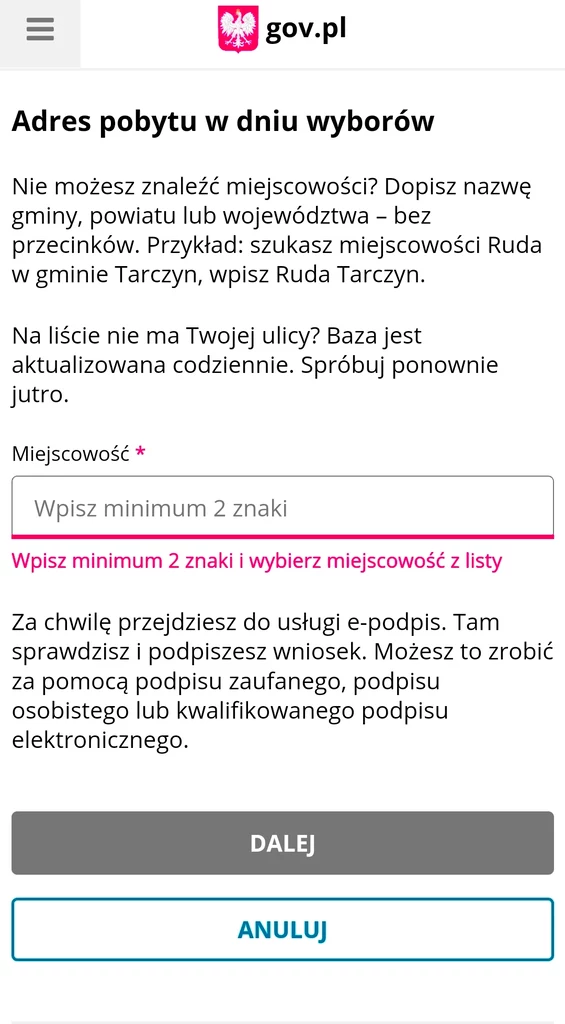 Gdy zaczniesz wpisywać nazwę miejscowości, wyświetli się lista z podpowiedziami, z której należy wybrać odpowiednią gminę.