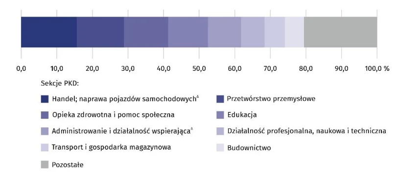 Struktura emerytów i rencistów pracujących w gospodarce narodowej według sekcji PKD w 2023 r. Stan na 31 marca
