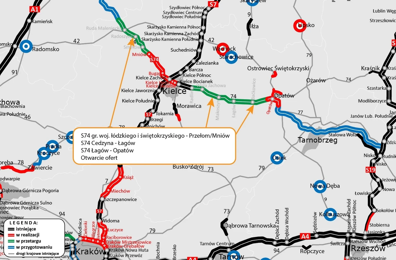 Odcinek S74 granica województw świętokrzyskiego i łódzkiego - Przełom/Mniów, będzie miał ponad 27 km. Odcinek S74 granica województw świętokrzyskiego i łódzkiego - Przełom/Mniów, będzie miał ponad 27 km.