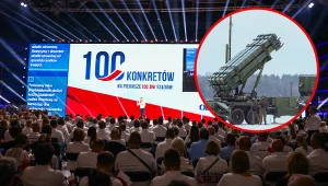 Na zdj. Donald Tusk podczas prezentacji "100 konkretów" oraz szkolenie obsług i załóg systemów Patriot na lotnisku Warszawa-Babice