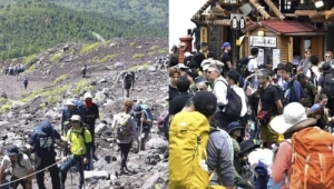 Tłumy turystów na japońskim szczycie Fuji