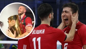 Reprezentacja Polski w siatkówce. Na zdjęciu Bartosz Kurek oraz Aleksander Śliwka i Łukasz Kaczmarek po finale ME z Włochami