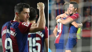 Robert Lewandowski i Joao Felix w barwach FC Barcelona w meczu La Liga z Realem Betis