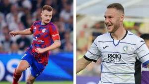 Fran Tudor z lewej (Raków) i Teun Koopmeiners z prawej (Atalanta)