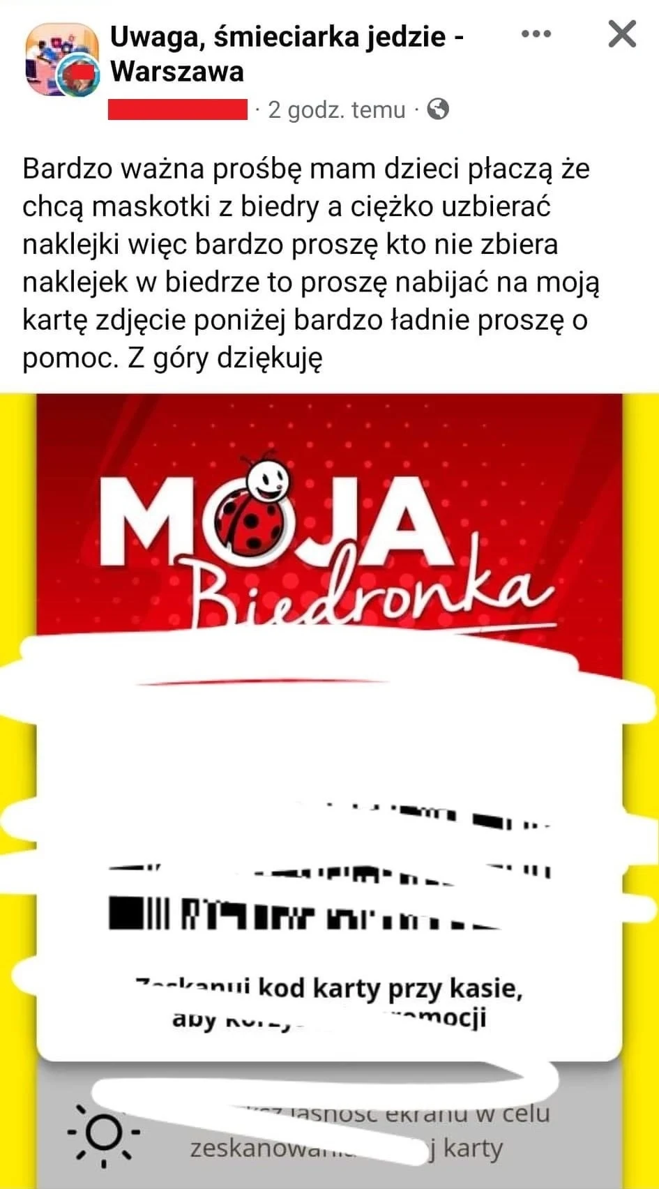 Zrzut ekranu z grupy na Facebooku, gdzie znalazł się zrzut ekranu z Kartą Moja Biedronka
