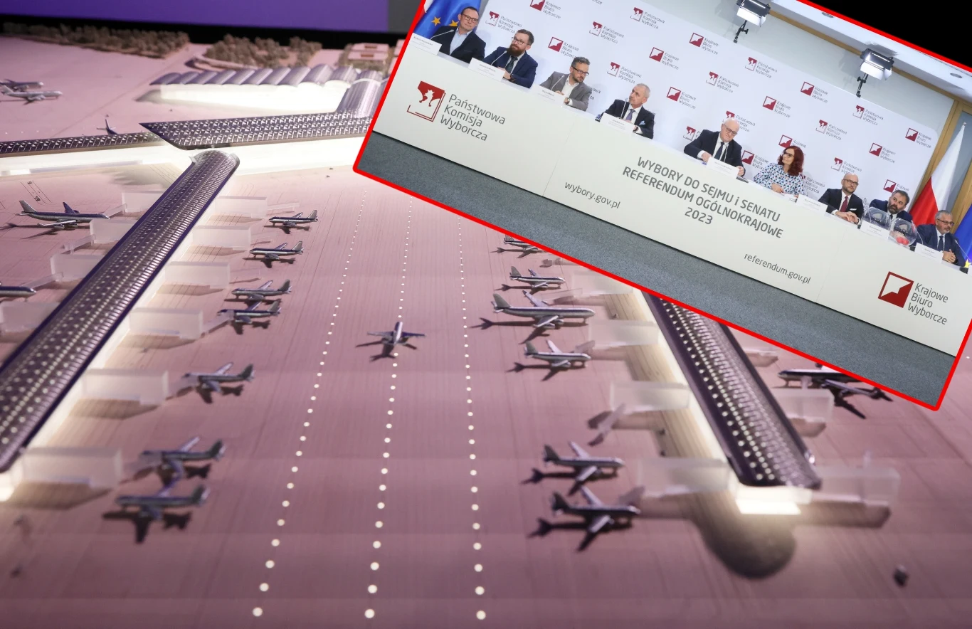 Duże zdjęcie: makieta CPK; zdjęcie w ramce: członkowie PKW Duże zdjęcie: makieta CPK; zdjęcie w ramce: członkowie PKW