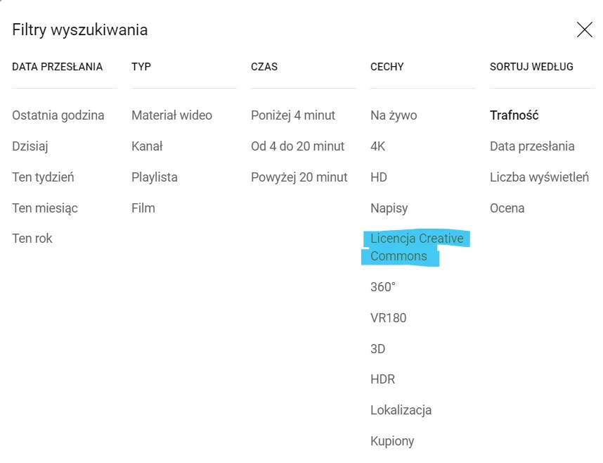 Aby wyszukać gotowe playlisty i utwory do bezpłątnego wykorzystania nawet w celach komercyjnych wystarczy zaznaczyć odpowiednią opcję w filtrach wyszukiwarki YouTube. Aby wyszukać gotowe playlisty i utwory do bezpłątnego wykorzystania nawet w celach komercyjnych wystarczy zaznaczyć odpowiednią opcję w filtrach wyszukiwarki YouTube.
