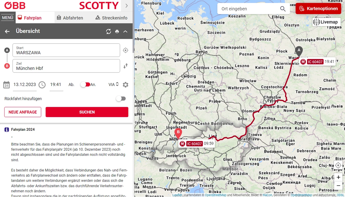 Na mapie szwajcarskich kolei widoczny jest pociąg Warszawa-Monachium, o którego uruchomieniu PKP IC na razie nie wspomina Na mapie szwajcarskich kolei widoczny jest pociąg Warszawa-Monachium, o którego uruchomieniu PKP IC na razie nie wspomina