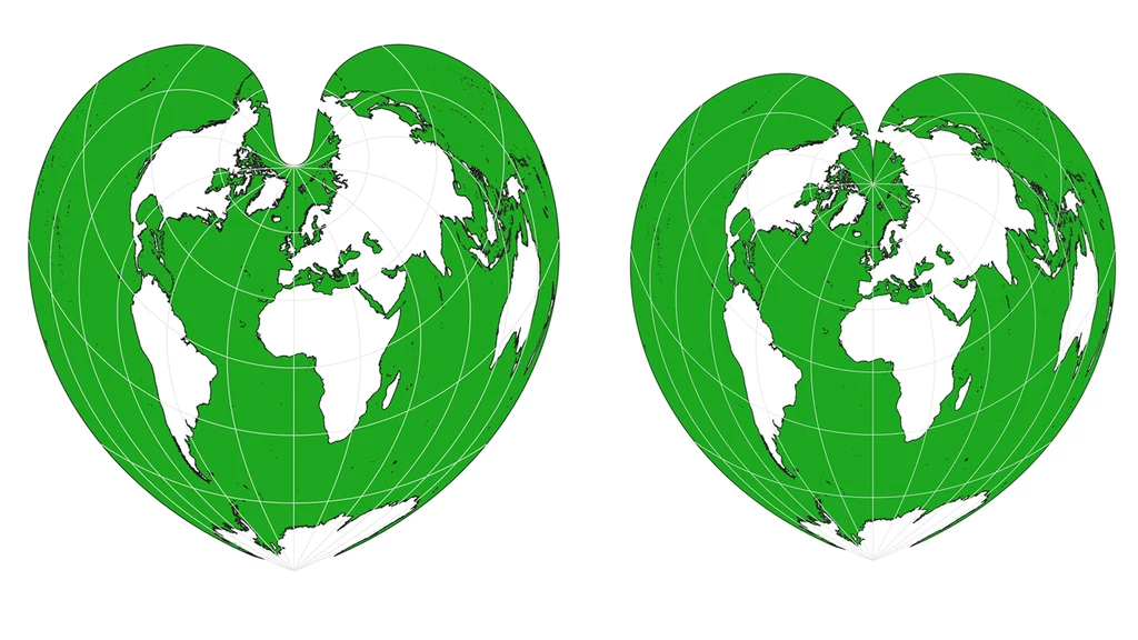 Ziemia w kształcie serca. Z lewej odwzorowanie Bonne'a, z prawej odwzorowanie Wernera