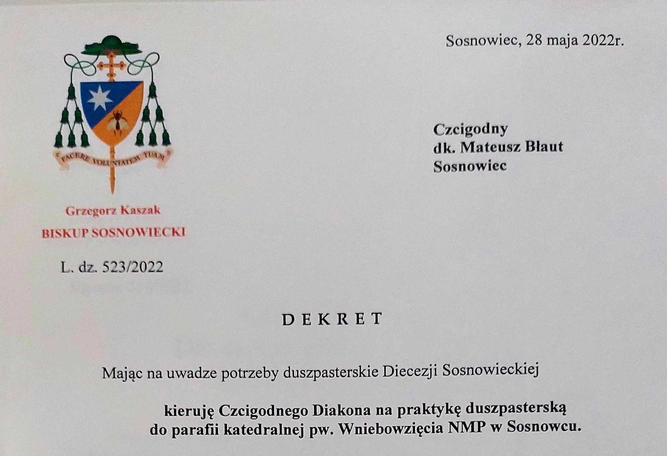 Fragment dekretu kierujący Mateusza na praktyki diakońskie Fragment dekretu kierujący Mateusza na praktyki diakońskie