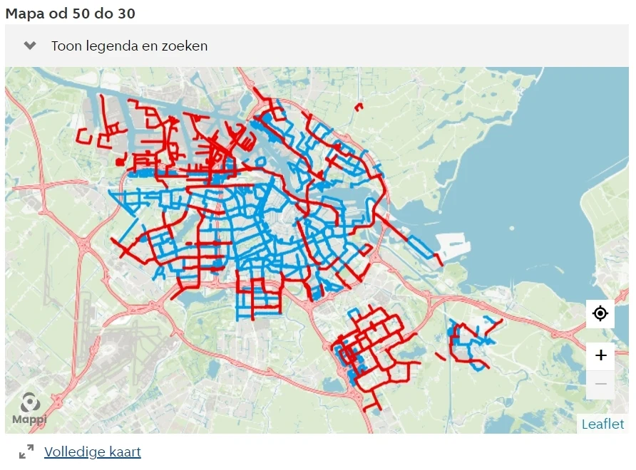 Ponad 80 proc. dróg w Amsterdamie z ograniczeniem. To te zaznaczone na niebiesko. Fot. amsterdam.nl 