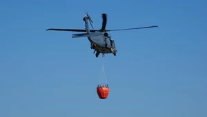 Policyjny śmigłowiec Black Hawk uczestniczy w gaszeniu pożaru na terenie Biebrzańskiego Parku Narodowego