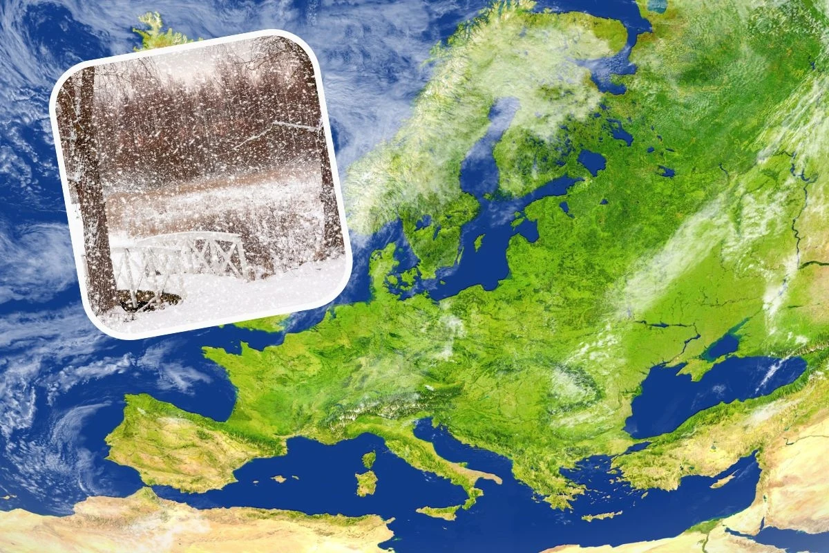 El Niño rośnie w siłę. Takiej zimy może doświadczyć Europa Satelitarna mapa Europy z krajobrazem zimowego lasu i mostkiem w śniegu nałożonym w oknie w rogu.