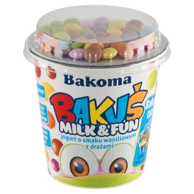Bakoma Bakuś Milk & Fun Jogurt o smaku waniliowym z drażami 135 g - 0