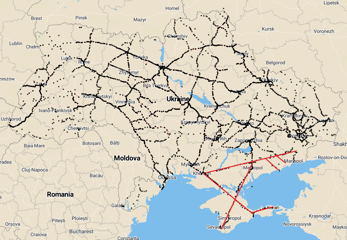 Mapa z 2019 roku, na której zaznaczono dworce kolejowe na terenach należących do Ukrainy. Czerwone linie ukazują schemat trakcji kolejowej na południu Ukrainy. Obecnie Rosjanie rozbudowują sieć połączeń w okolicach okupowanego Mariupola biorąc pod uwagę możliwość utraty Mostu Krymskiego. Mapa z 2019 roku, na której zaznaczono dworce kolejowe na terenach należących do Ukrainy. Czerwone linie ukazują schemat trakcji kolejowej na południu Ukrainy. Obecnie Rosjanie rozbudowują sieć połączeń w okolicach okupowanego Mariupola biorąc pod uwagę możliwość utraty Mostu Krymskiego.
