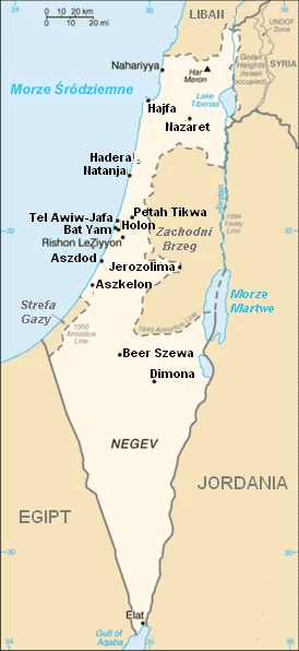 Mapa Izraela i jego sąsiadów. Strefa Gazy w lewym dolnym rogu terytorium Izraela.