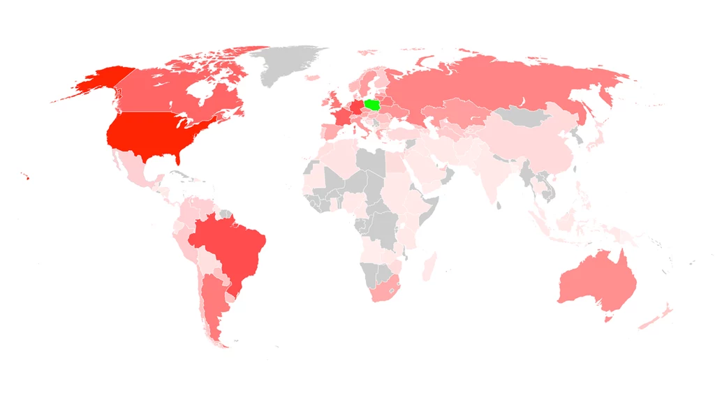 Uproszczona mapa pokazująca miejsca z najliczniejszą Polonią (im intensywniejszy kolor, czym liczniejsza Polonia)