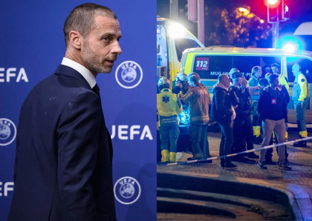 Prezes UEFA Aleksander Ceferin (fot. Fabrice Coffrini) i policja w Brukseli Prezes UEFA Aleksander Ceferin (fot. Fabrice Coffrini) i policja w Brukseli
