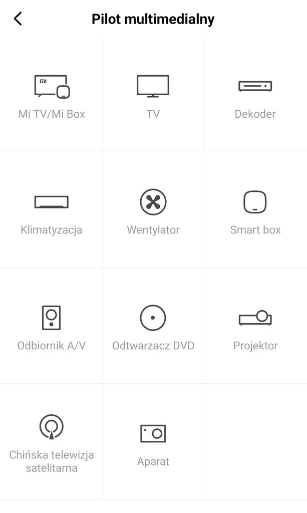 Menu wyboru urządzeń w aplikacji Mi Pilot.