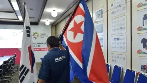 Flagi Korei Północnej i Korei Południowej podczas Igrzysk Azjatyckich