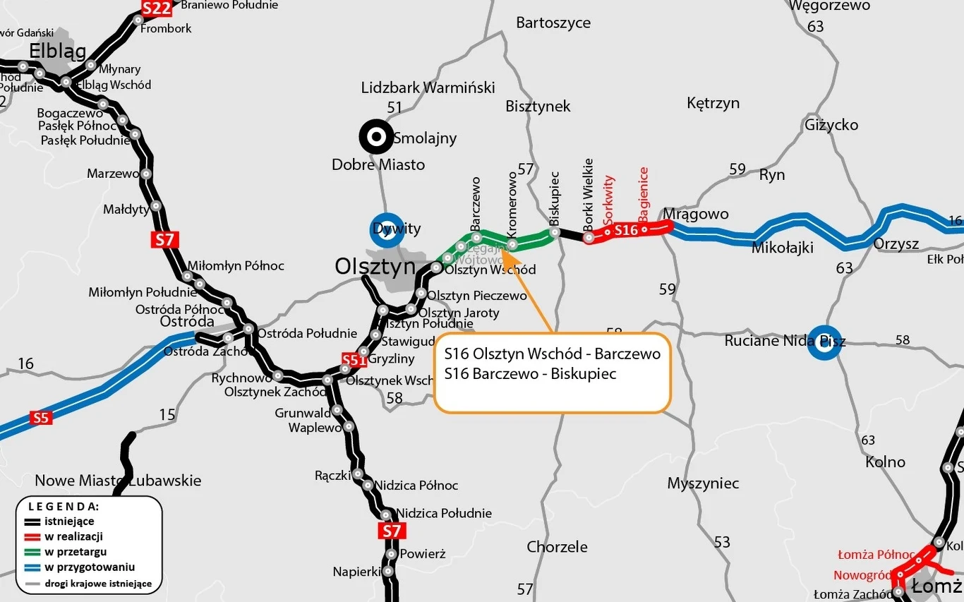 Prawie 30-kilometrowy fragment drogi S16 został podzielony na dwa odcinki realizacyjne. Prawie 30-kilometrowy fragment drogi S16 został podzielony na dwa odcinki realizacyjne.
