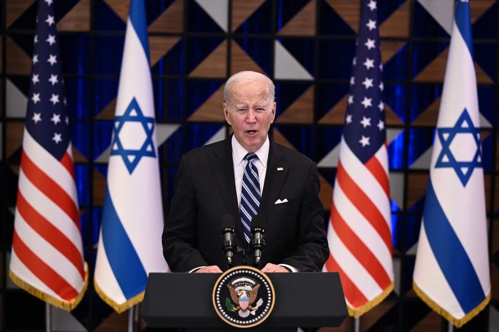 Prezydent USA Joe Biden podczas przemówienia w Tel Awiwie Prezydent USA Joe Biden podczas przemówienia w Tel Awiwie