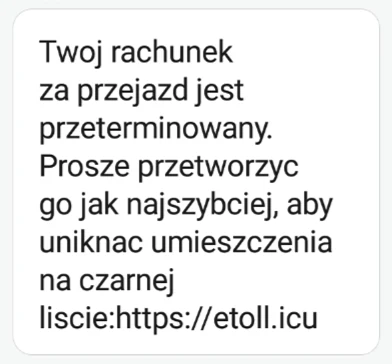 Tak wygląda treść fałszywej wiadomości SMS. Fot. Krajowa Administracja Skarbowa 