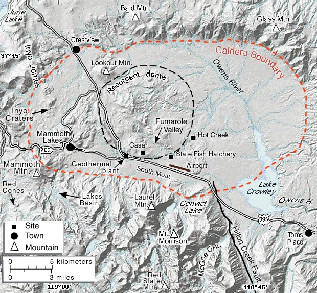 Mapa rzeźby terenu kaldery Long Valley w hrabstwie Mono we wschodniej Kalifornii