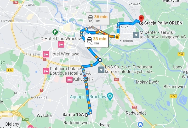 Podróż z Jagodna na stację Orlen to około 15 km. / źródło Google Maps Podróż z Jagodna na stację Orlen to około 15 km. / źródło Google Maps