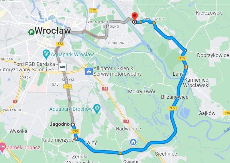 Inna trasa wiodąca obwodnicą liczy około 20 km/ Źródło: Google Maps Inna trasa wiodąca obwodnicą liczy około 20 km/ Źródło: Google Maps