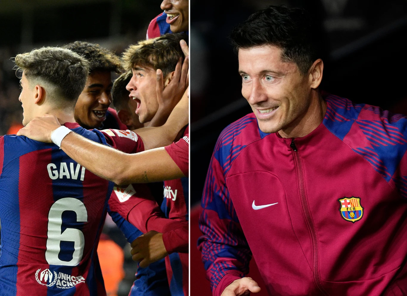 Na zdjęciu Marc Guiu świętujący debiutanckiego gola z kolegami z FC Barcelona oraz reprezentant Polski - Robert Lewandowski Na zdjęciu Marc Guiu świętujący debiutanckiego gola z kolegami z FC Barcelona oraz reprezentant Polski - Robert Lewandowski